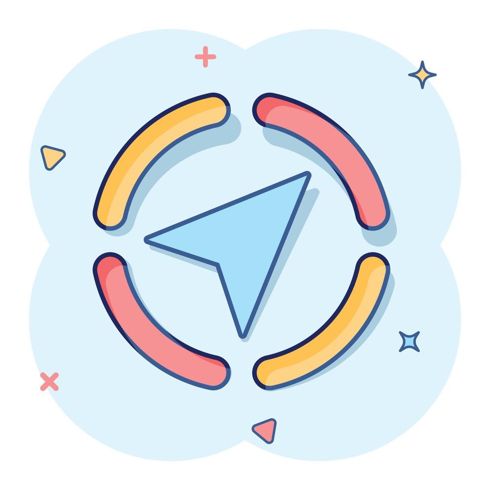 Global navigation icon in comic style. Compass gps vector cartoon illustration on white isolated background. Location discovery business concept splash effect.