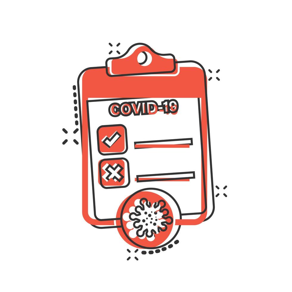 Coronavirus test icon in comic style. covid-19 cartoon vector illustration on isolated background. Medical diagnostic splash effect sign business concept.