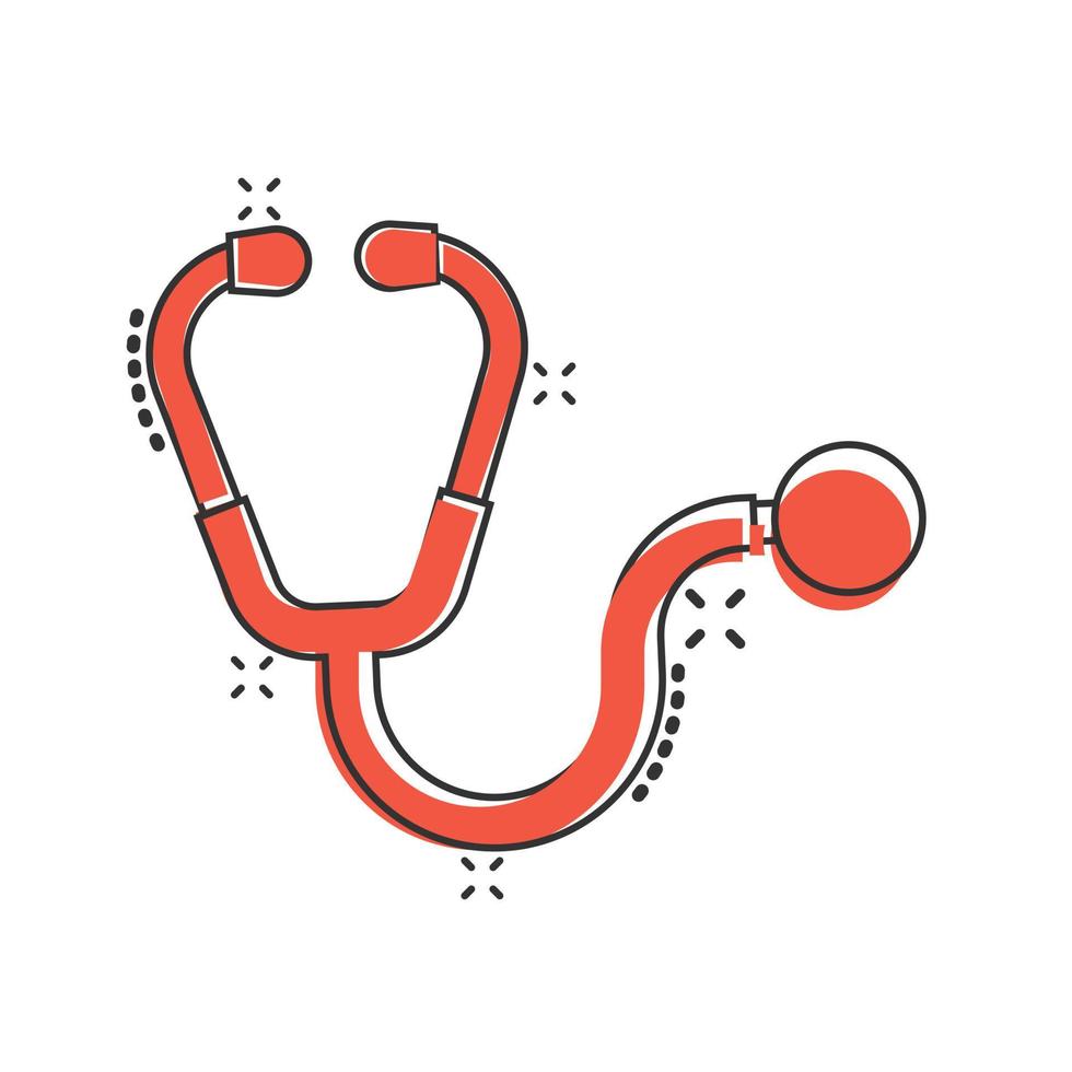 Stethoscope icon in comic style. Heart diagnostic cartoon vector illustration on isolated background. Medicine splash effect sign business concept.