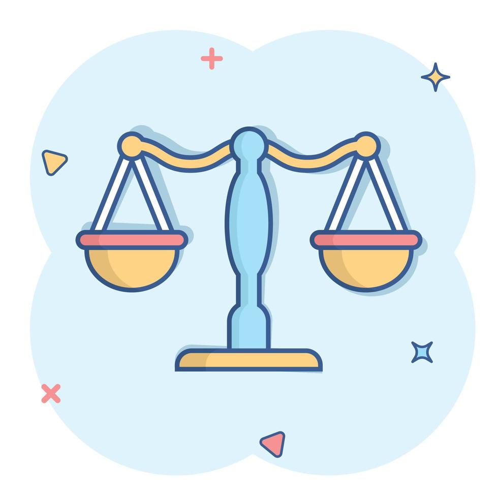 Scale balance icon in comic style. Justice cartoon vector illustration on white isolated background. Judgment splash effect business concept.