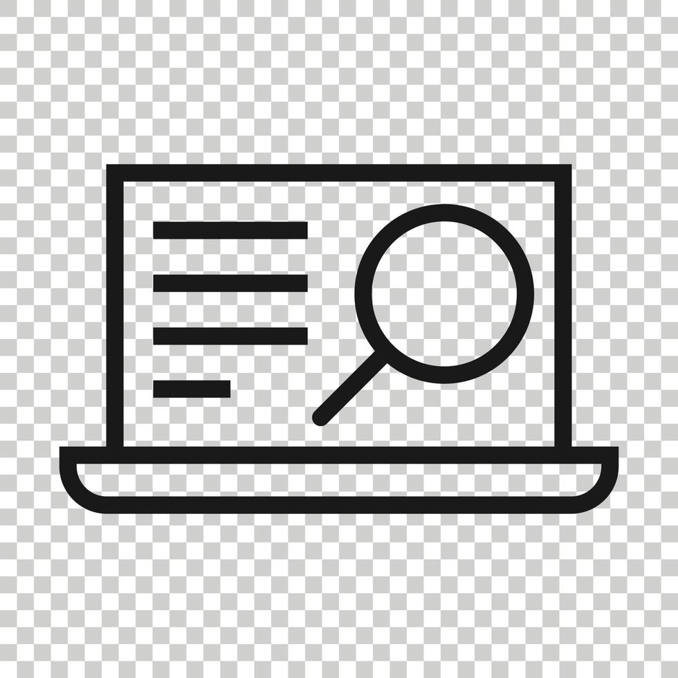 Computer search icon in flat style. Laptop with magnifying glass vector illustration on white isolated background. Device display business concept.