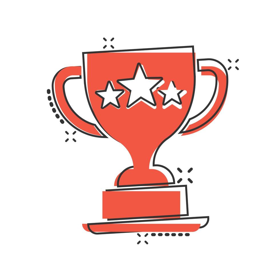 Trophy cup icon in comic style. Goblet prize cartoon vector illustration on isolated background. Award splash effect sign business concept.