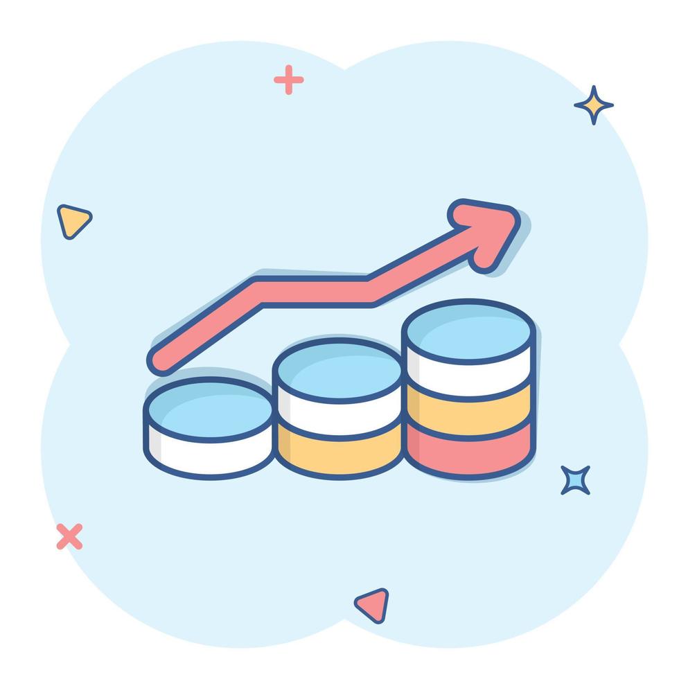 Income rate increase icon in comic style. Finance performance cartoon vector illustration on white isolated background. Coin with growth arrow splash effect business concept.