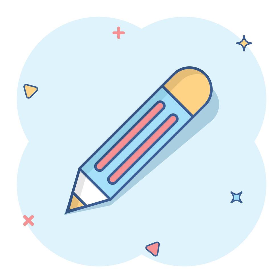 Pencil icon in comic style. Pen cartoon vector illustration on white isolated background. Drawing splash effect business concept.