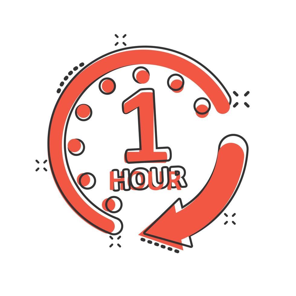 1 hour clock icon in comic style. Timer countdown cartoon vector illustration on isolated background. Time measure splash effect sign business concept.