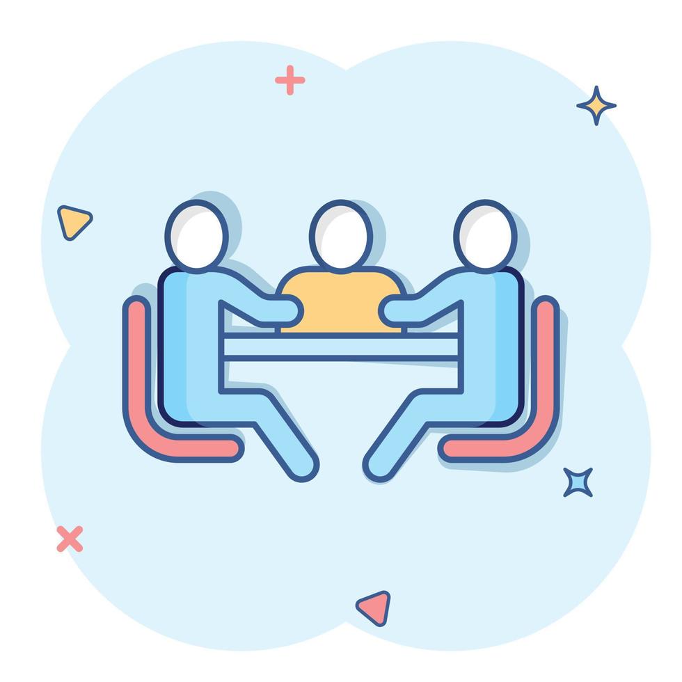 People with table icon in comic style. Teamwork conference cartoon vector illustration on white isolated background. Speaker dialog splash effect business concept.