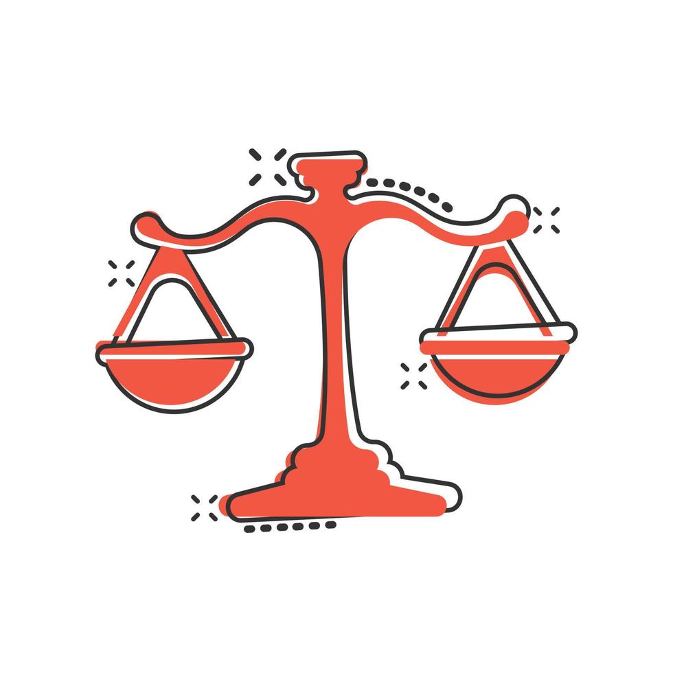 Scales icon in comic style. Libra cartoon vector illustration on isolated background. Mass comparison splash effect sign business concept.