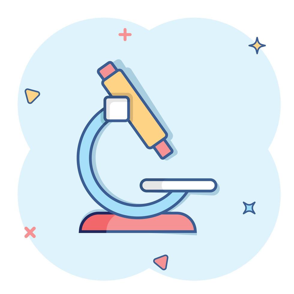 Microscope icon in comic style. Laboratory magnifier cartoon vector illustration on isolated background. Biology instrument splash effect sign business concept.