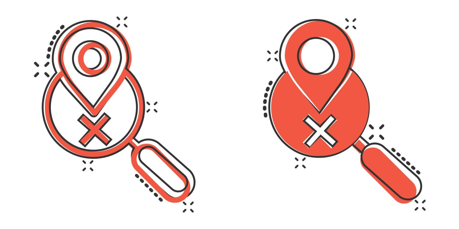 Map pin with magnifier icon in comic style. Gps navigation cartoon vector illustration on white isolated background. Locate position splash effect business concept.