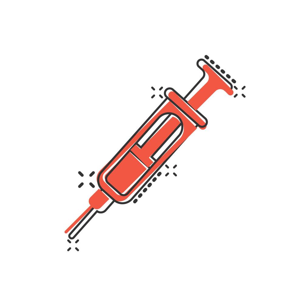 Syringe icon in comic style. Coronavirus vaccine inject cartoon vector illustration on isolated background. Covid-19 vaccination splash effect sign business concept.