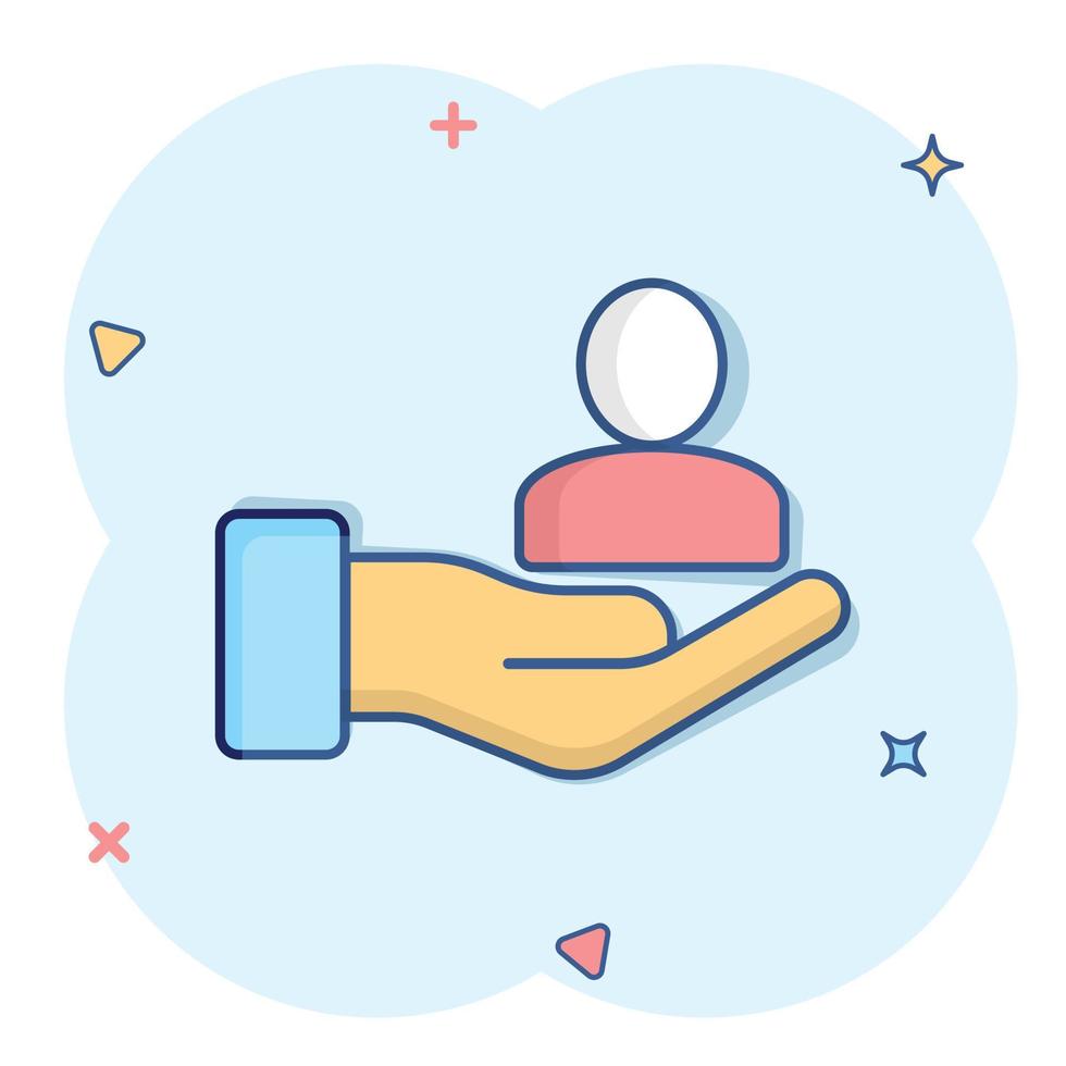 People and hand icon in comic style. Protect life cartoon vector