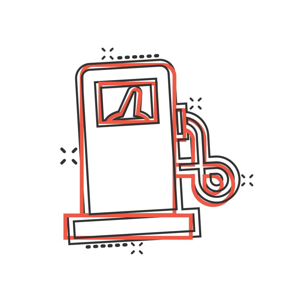 icono de la bomba de combustible en estilo cómico. Ilustración de vector de signo de dibujos animados de gasolinera sobre fondo blanco aislado. concepto de negocio de efecto de salpicadura de gasolina.