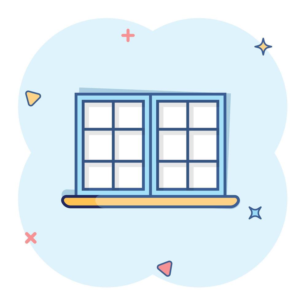 Window icon in comic style. Casement cartoon vector illustration on isolated background. House interior splash effect sign business concept.