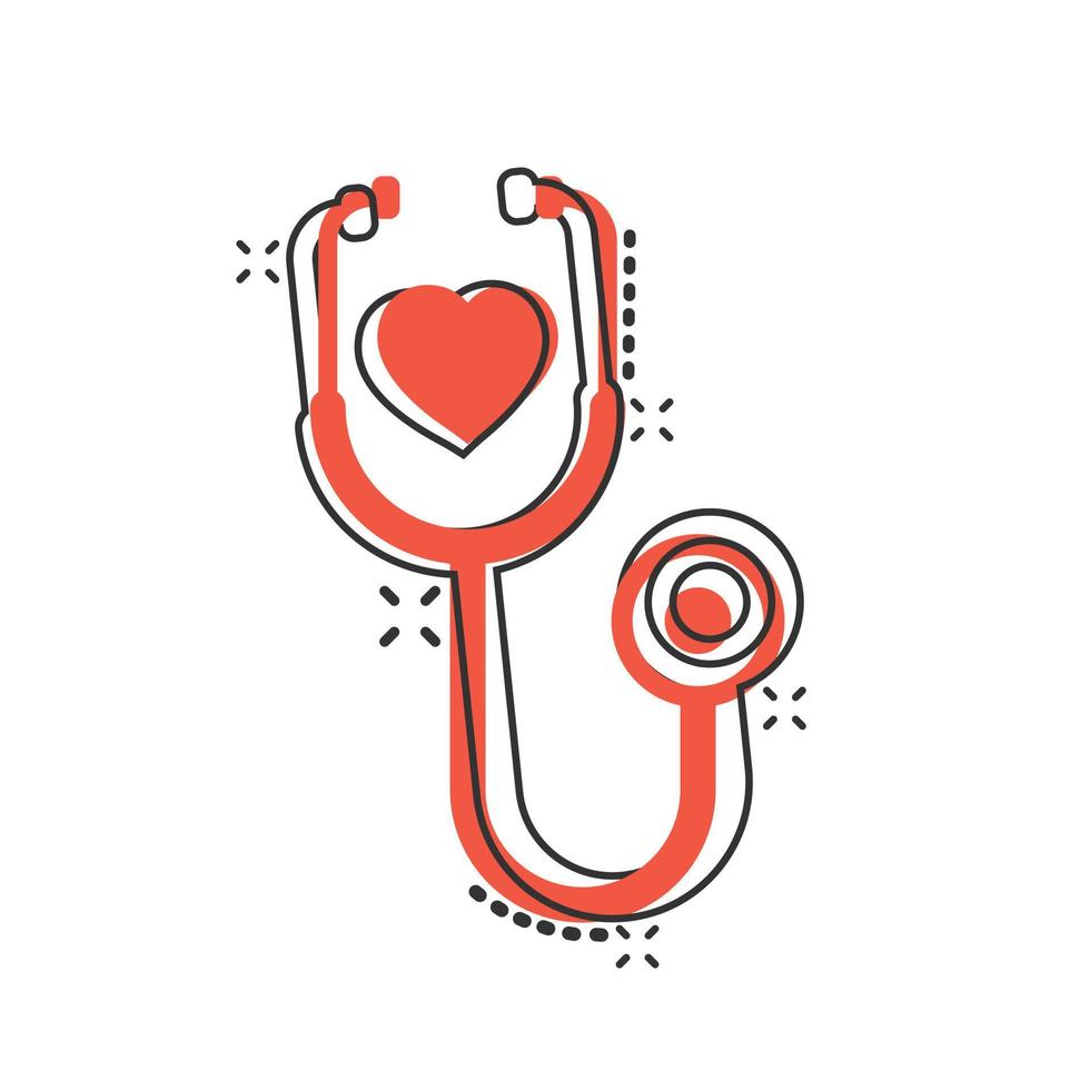 Stethoscope icon in comic style. Heart diagnostic cartoon vector illustration on isolated background. Medicine splash effect sign business concept.