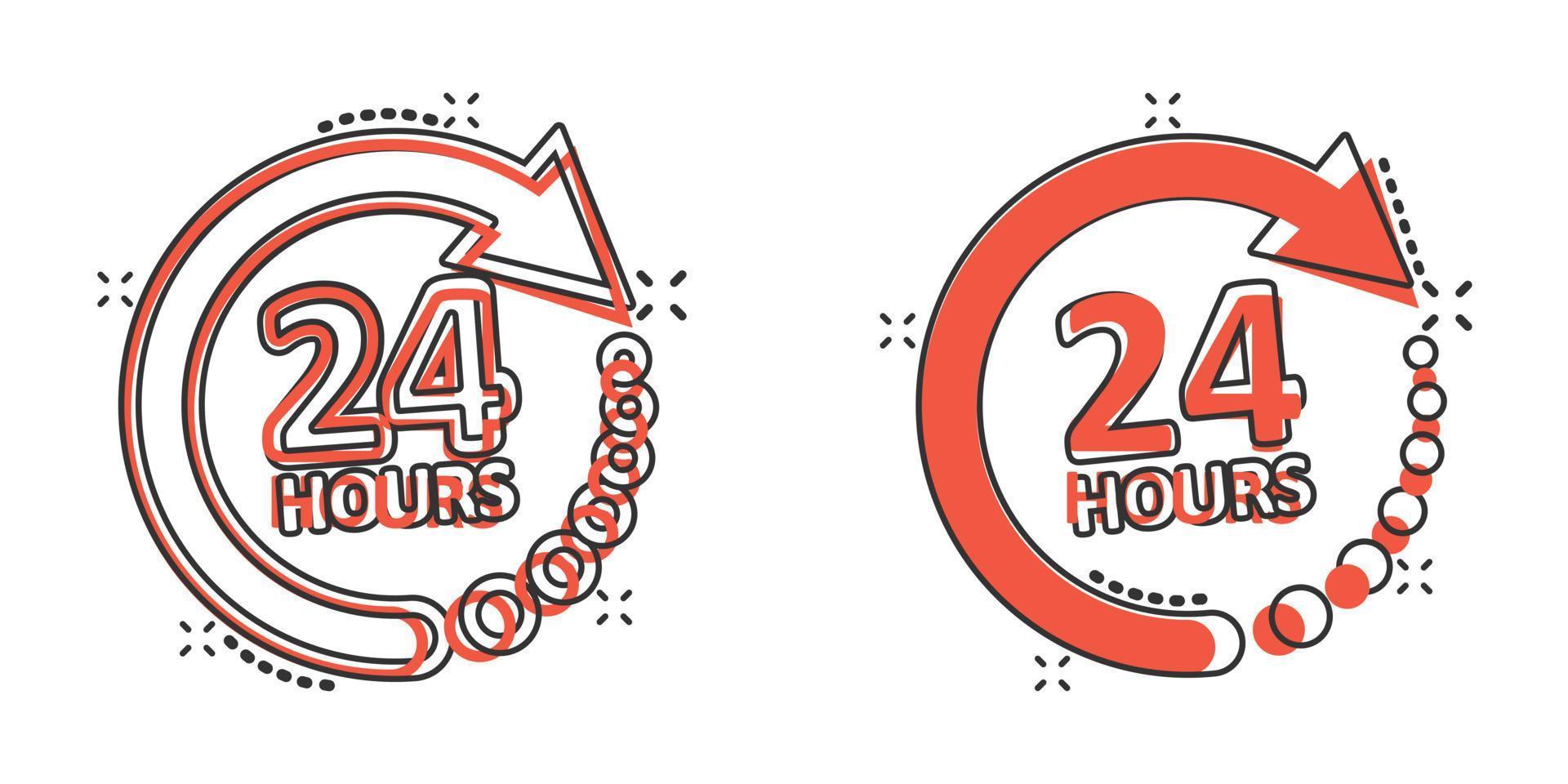 24 hours service icon in comic style. All day business and service cartoon vector illustration on isolated background. Quick service time splash effect sign business concept.