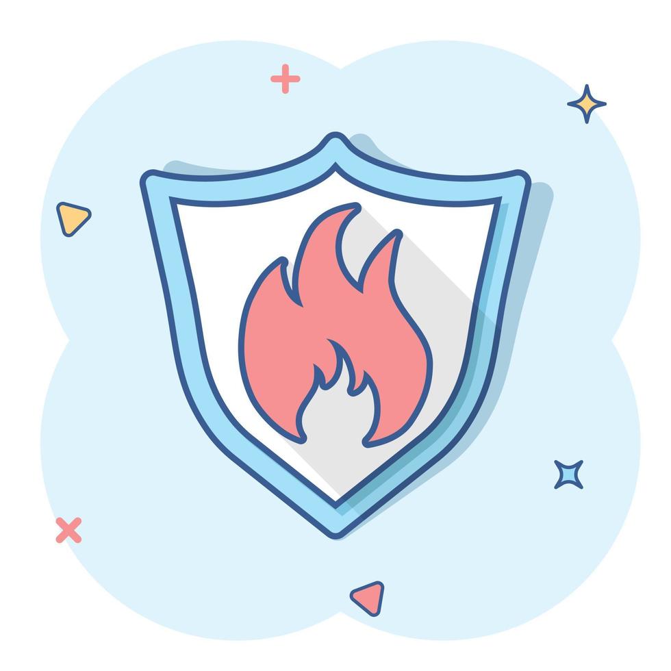 Vector cartoon fire warning shield sign icon in comic style. Flame protection sign illustration pictogram. Fire business splash effect concept.