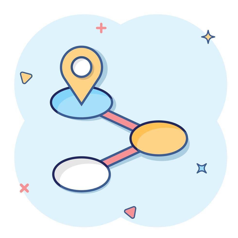 Map pin icon in comic style. GPS navigation cartoon vector illustration on white isolated background. Locate position splash effect business concept.