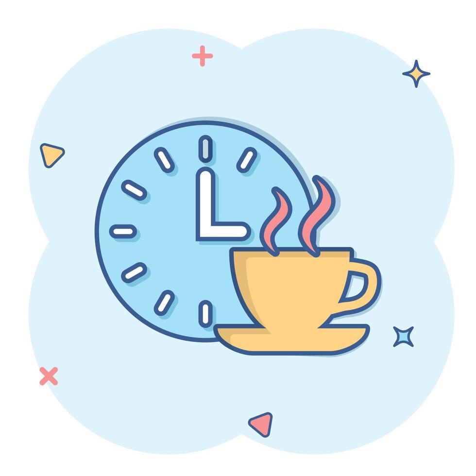 Coffee break icon in comic style. Clock with tea cup cartoon vector illustration on white isolated background. Breakfast time splash effect business concept.