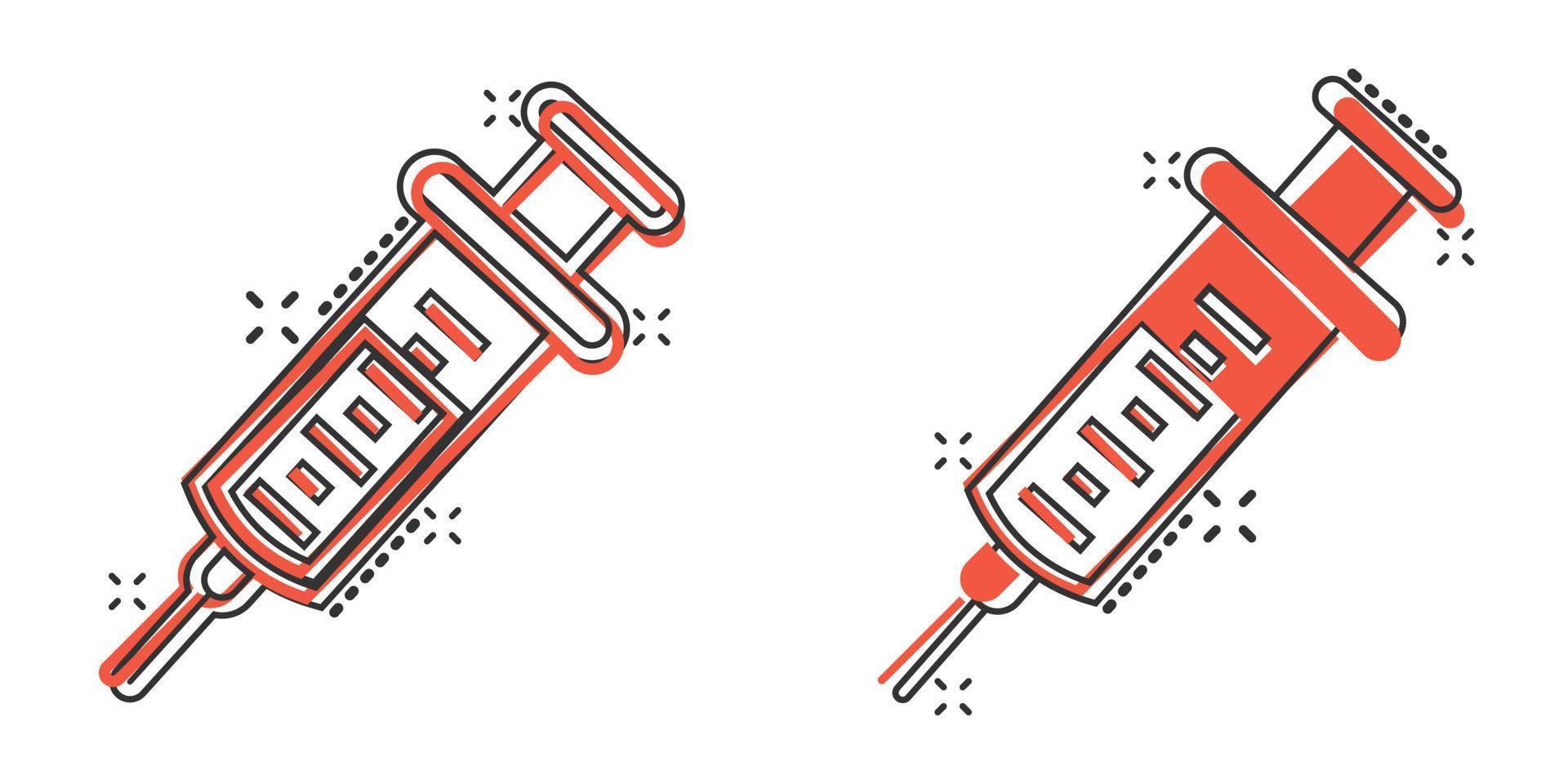 icono de jeringa en estilo cómico. la vacuna contra el coronavirus inyecta la ilustración vectorial de dibujos animados sobre un fondo aislado. concepto de negocio de signo de efecto de salpicadura de vacunación covid-19. vector