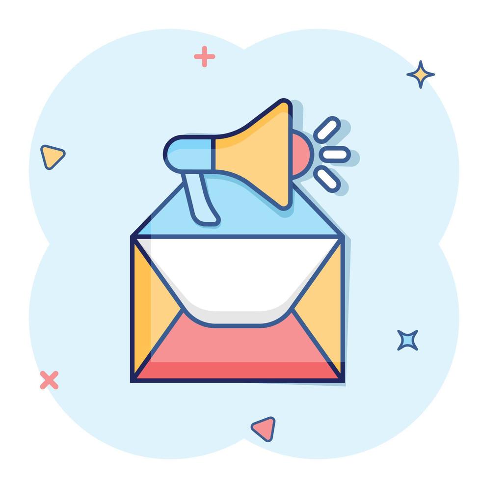 Envelope notification icon in comic style. Email with speaker cartoon vector illustration on white isolated background. Receive mail message splash effect business concept.
