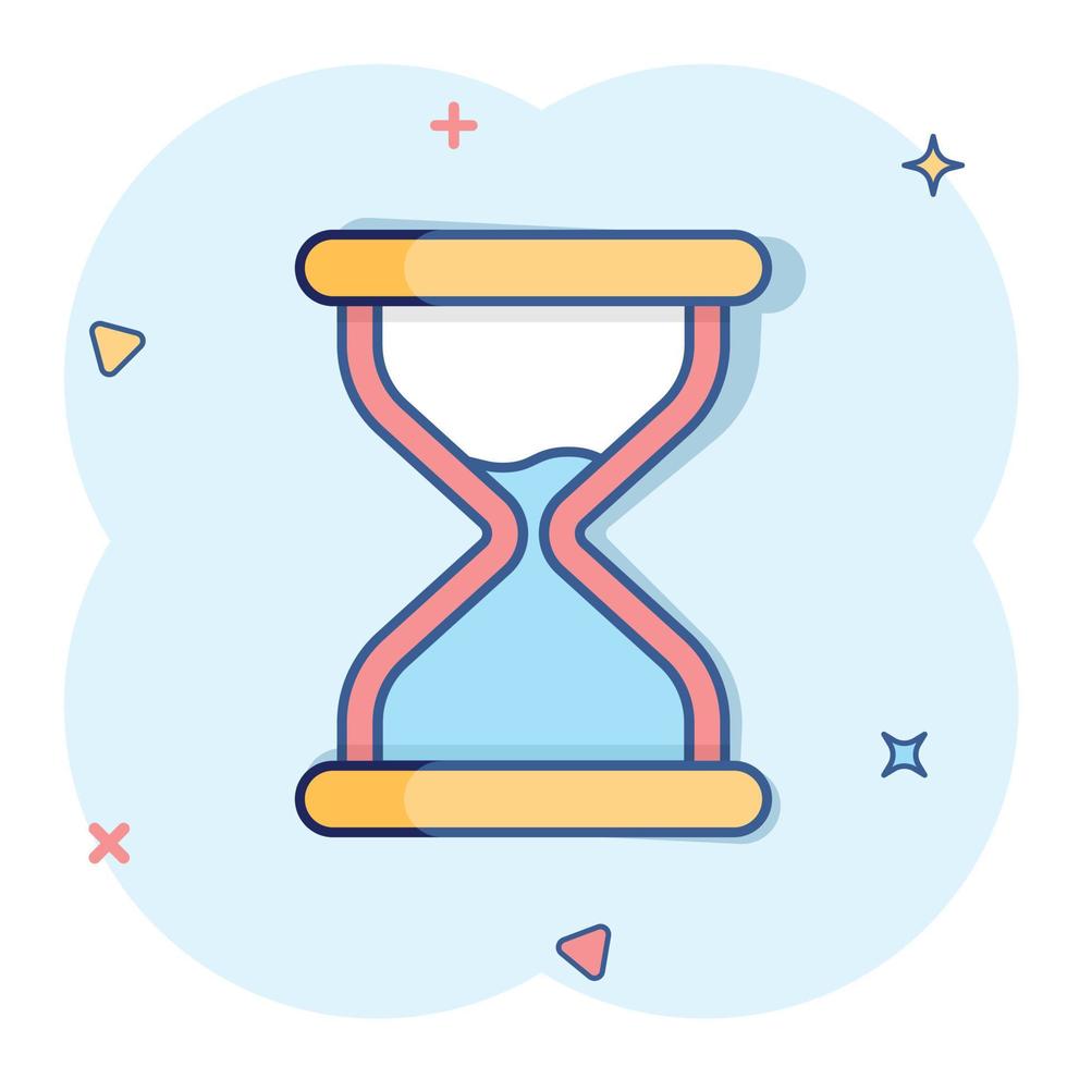Hourglass icon in comic style. Sandglass cartoon vector illustration on white isolated background. Clock splash effect business concept.