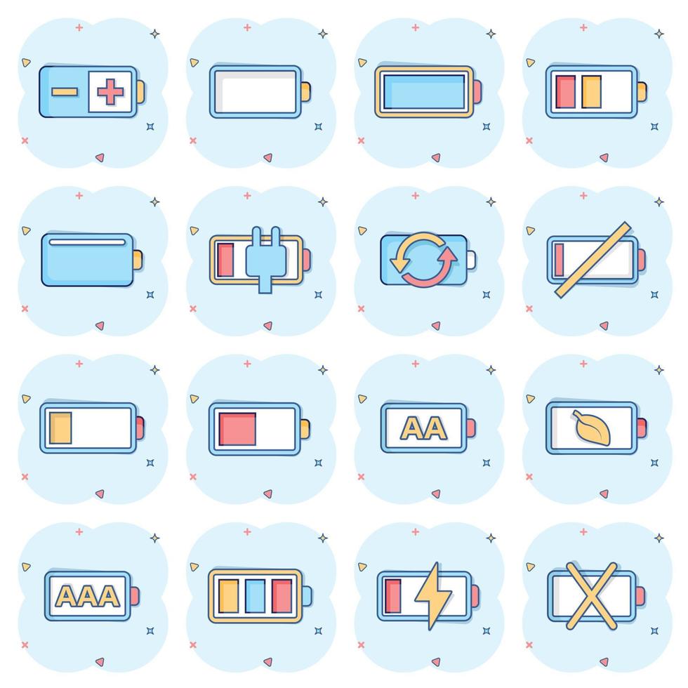 Battery charge icon set in comic style. Power level cartoon vector illustration on white isolated background. Lithium accumulator splash effect business concept.