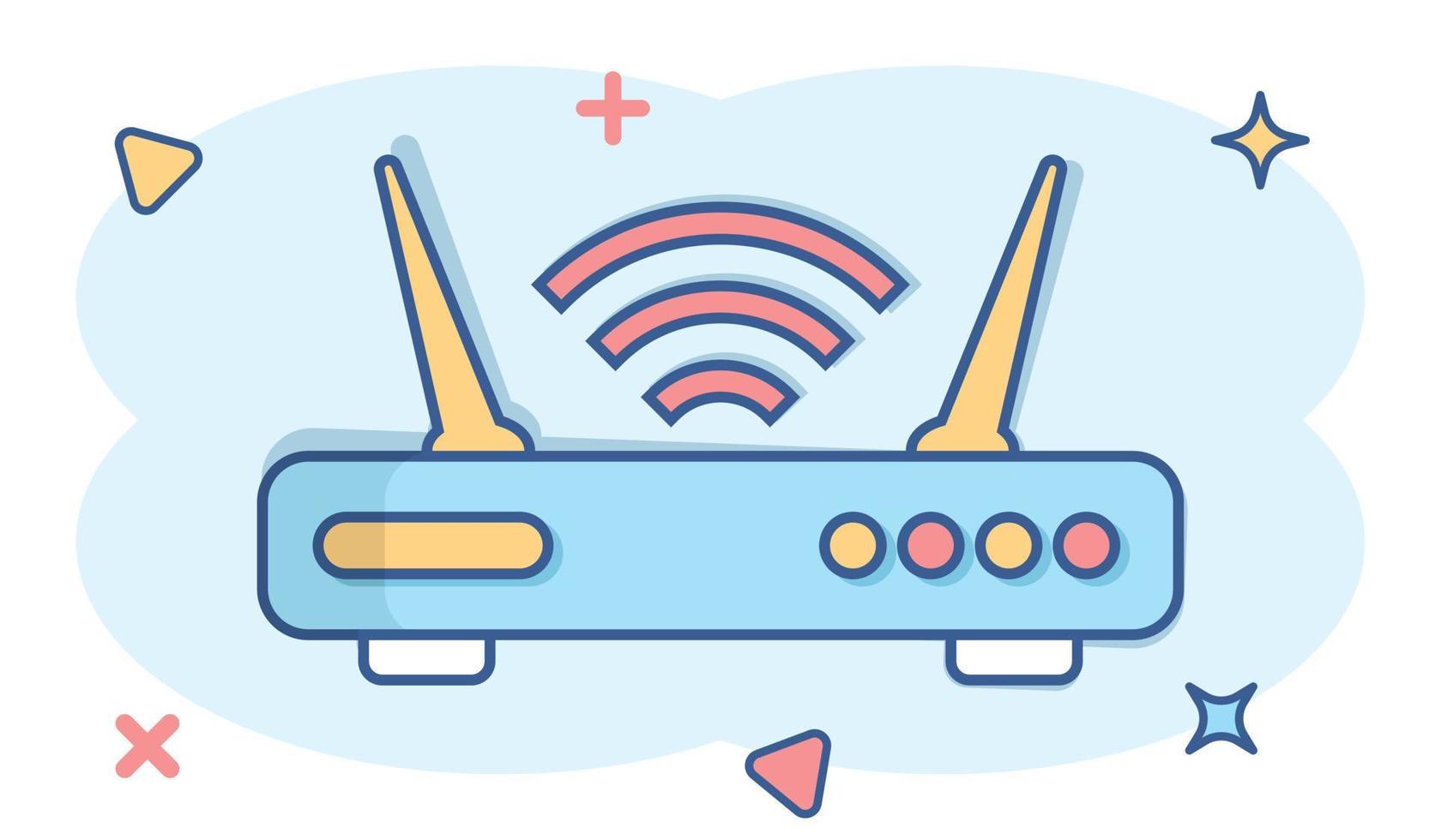 Wifi router icon in comic style. Broadband cartoon vector illustration on white isolated background. Internet connection splash effect business concept.