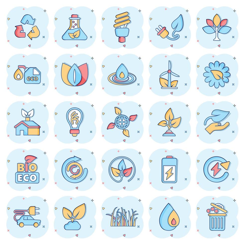 Eco environment icons set in comic style. Ecology cartoon vector illustration on white isolated background. Bio emblem splash effect sign business concept.