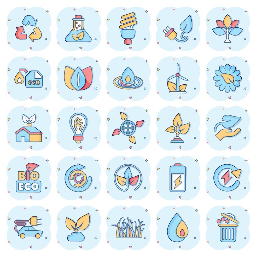 Eco environment icons set in comic style. Ecology cartoon vector illustration on white isolated background. Bio emblem splash effect sign business concept.