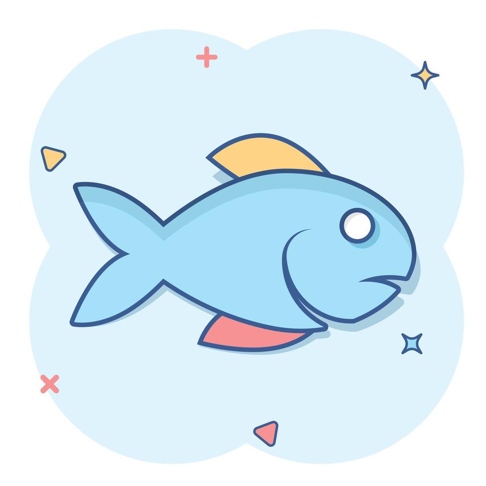 icono de pescado en estilo cómico. ilustración vectorial de dibujos animados de mariscos sobre fondo blanco aislado. concepto de negocio de efecto de salpicadura de animales marinos. vector