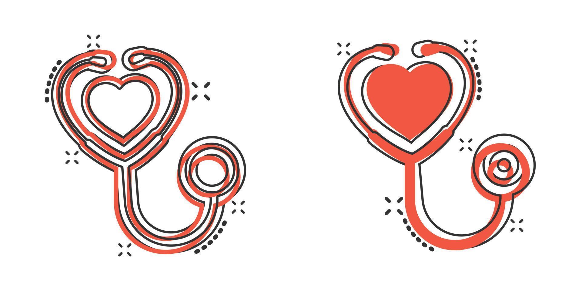 Stethoscope icon in comic style. Heart diagnostic cartoon vector illustration on isolated background. Medicine splash effect sign business concept.