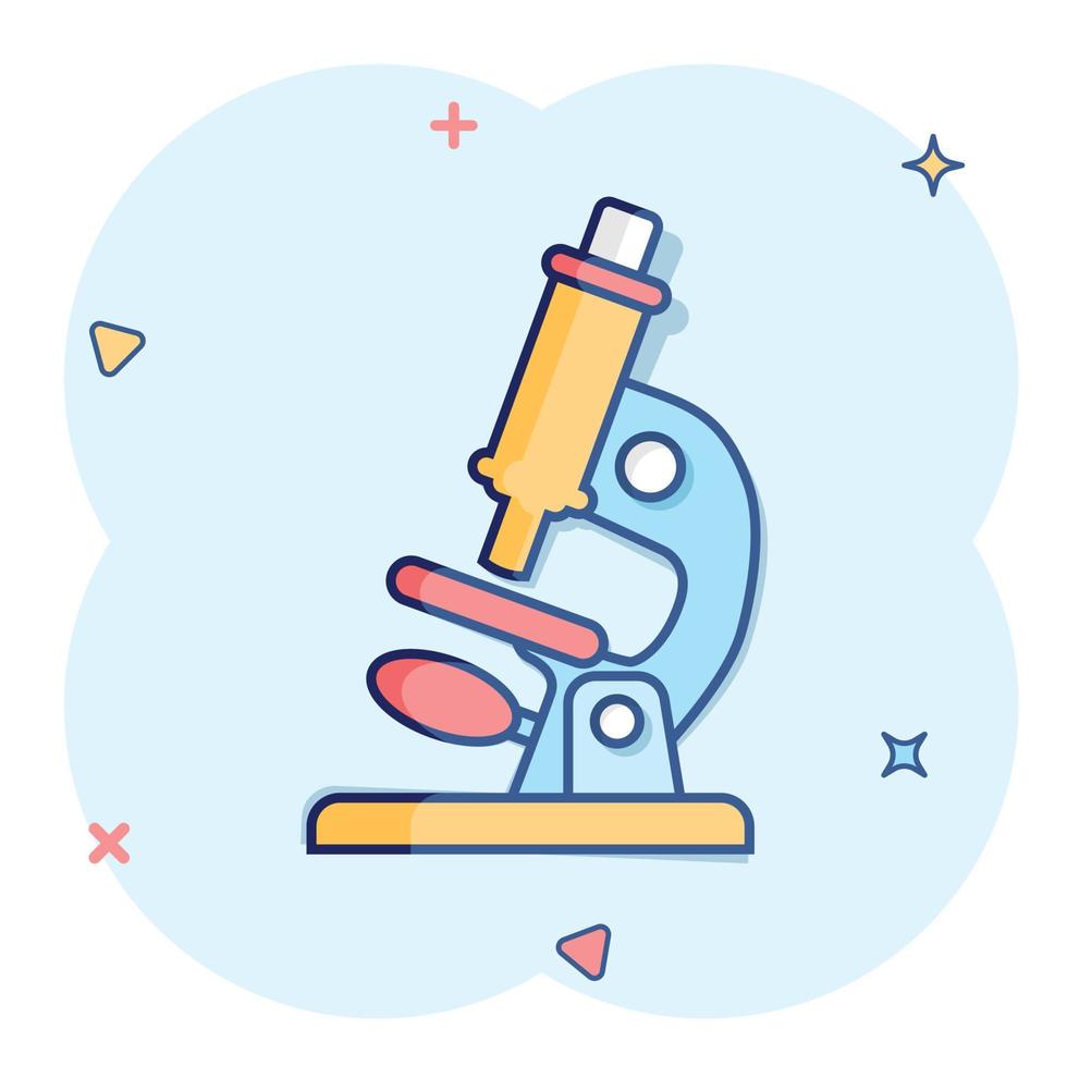 Microscope icon in comic style. Laboratory magnifier cartoon vector illustration on isolated background. Biology instrument splash effect sign business concept.