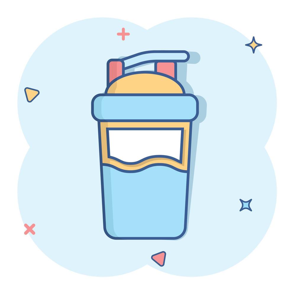 Shaker icon in comic style. Sport bottle vector cartoon illustration on white isolated background. Fitness container business concept splash effect.