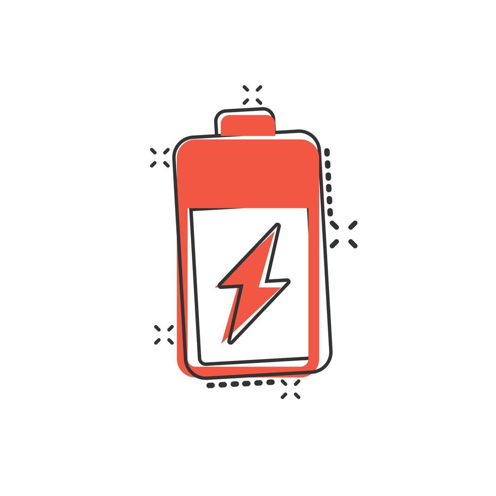 Battery icon in comic style. Accumulator cartoon vector illustration on white isolated background. Energy charger splash effect business concept.