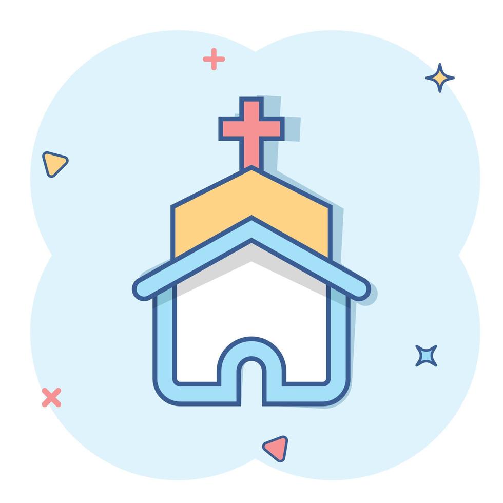 Church icon in comic style. Chapel vector cartoon illustration on white isolated background. Religious building business concept splash effect.