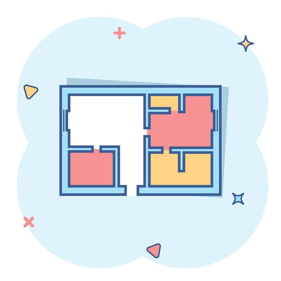 Vector cartoon house plan icon in comic style. Architect scheme sign illustration pictogram. House scheme business splash effect concept.
