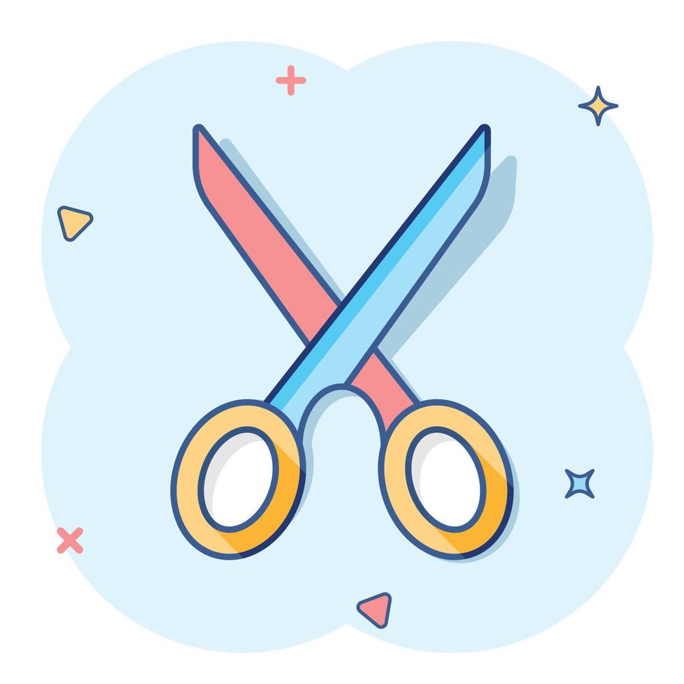 Vector cartoon scissors icon in comic style. Scissor sign illustration pictogram. Shear business splash effect concept.