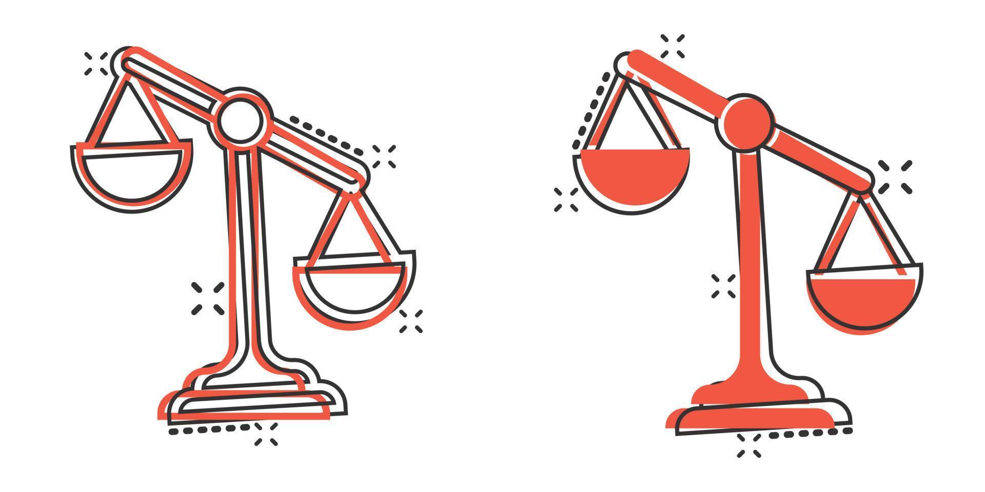 Scales icon in comic style. Libra cartoon vector illustration on isolated background. Mass comparison splash effect sign business concept.