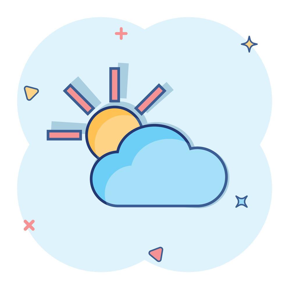 icono de pronóstico del tiempo de dibujos animados vectoriales en estilo cómico. sol con pictograma de ilustración de concepto de nubes. concepto de efecto de salpicadura de negocio en la nube. vector