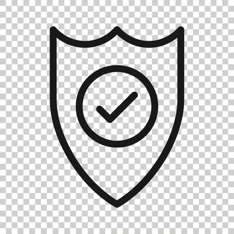 Shield with check mark icon in flat style. Protect vector illustration on white isolated background. Checkmark guard business concept.
