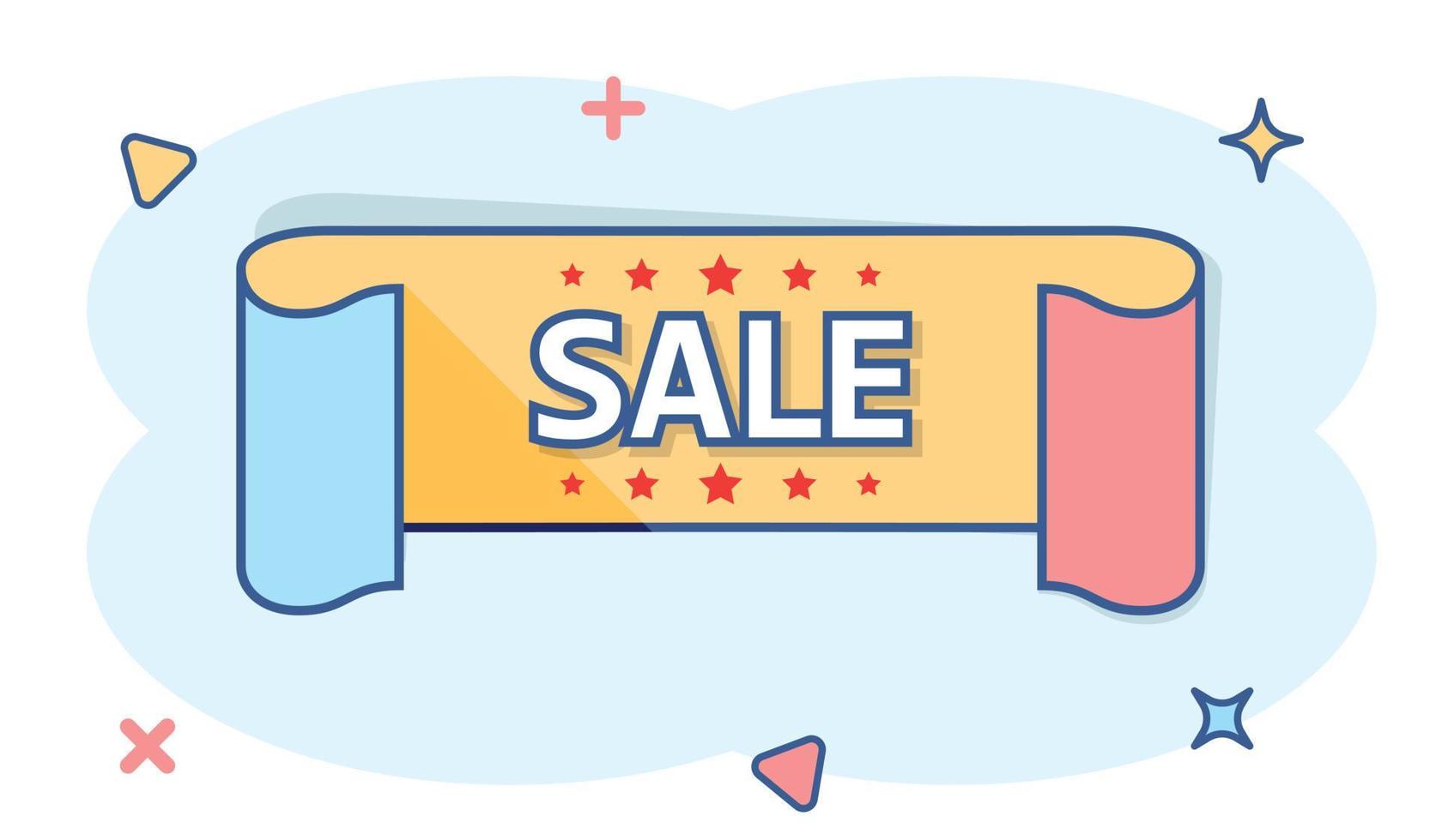 Vector cartoon sale ribbon icon in comic style. Discount, sale sticker label sign illustration pictogram. Sold ribbon business splash effect concept.