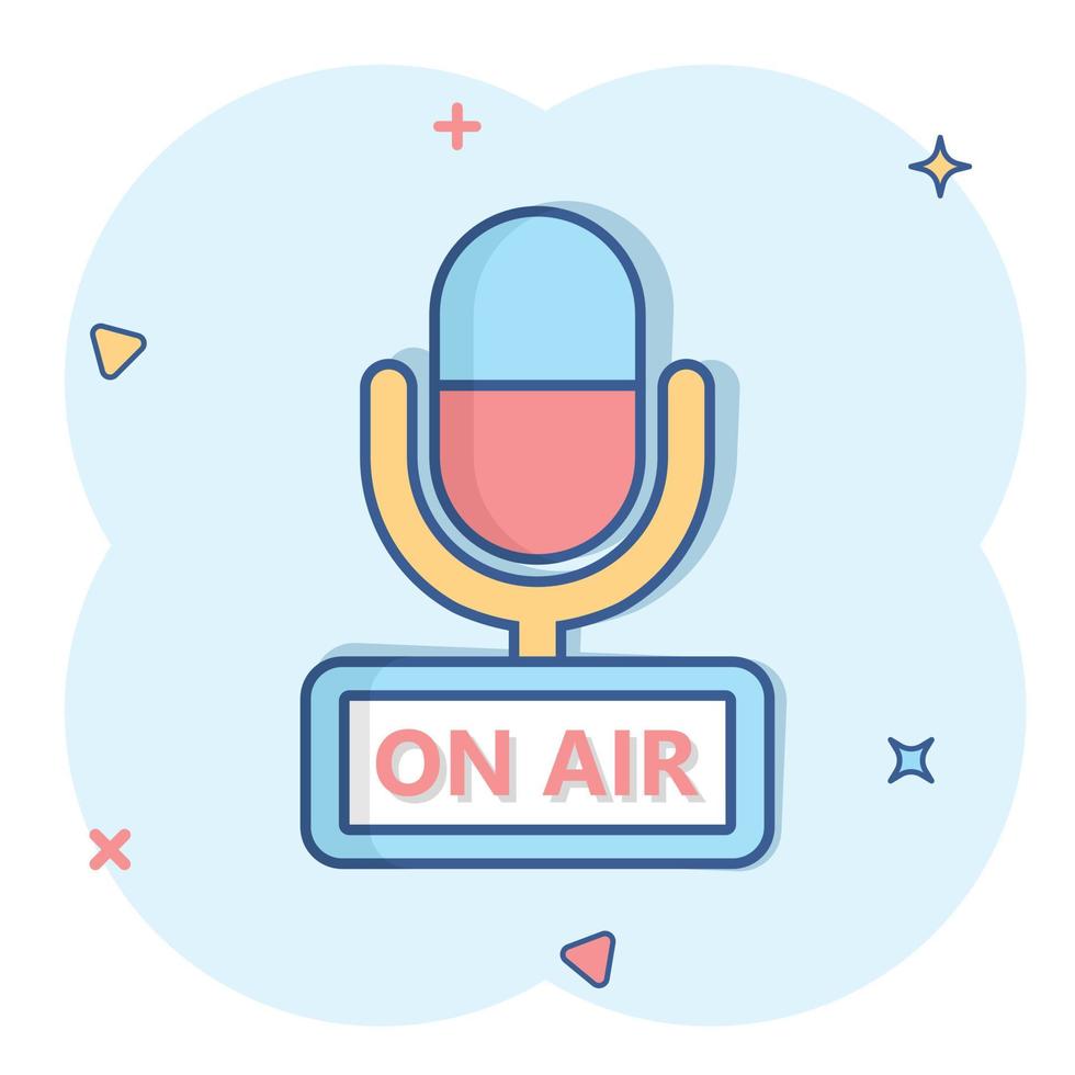 Microphone icon in comic style. Live broadcast vector cartoon illustration on white isolated background. On air business concept splash effect.