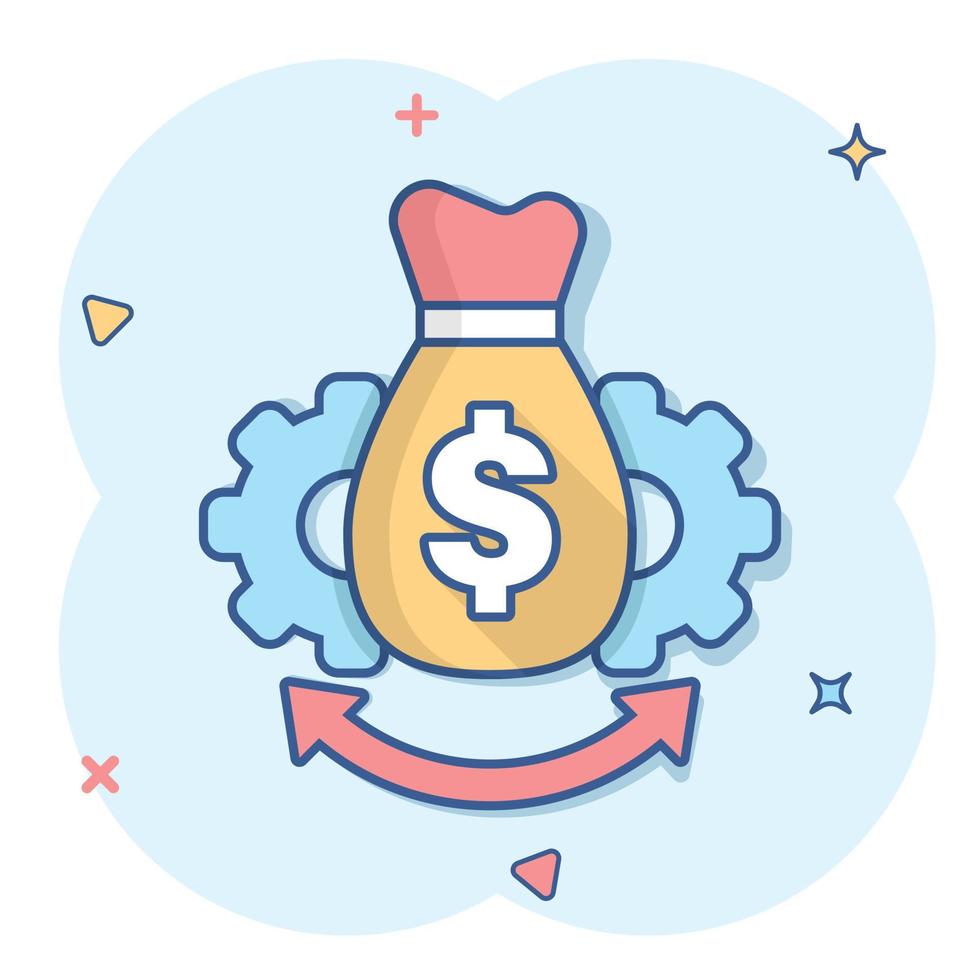 Money optimization icon in comic style. Gear effective cartoon vector illustration on white isolated background. Finance process splash effect business concept.