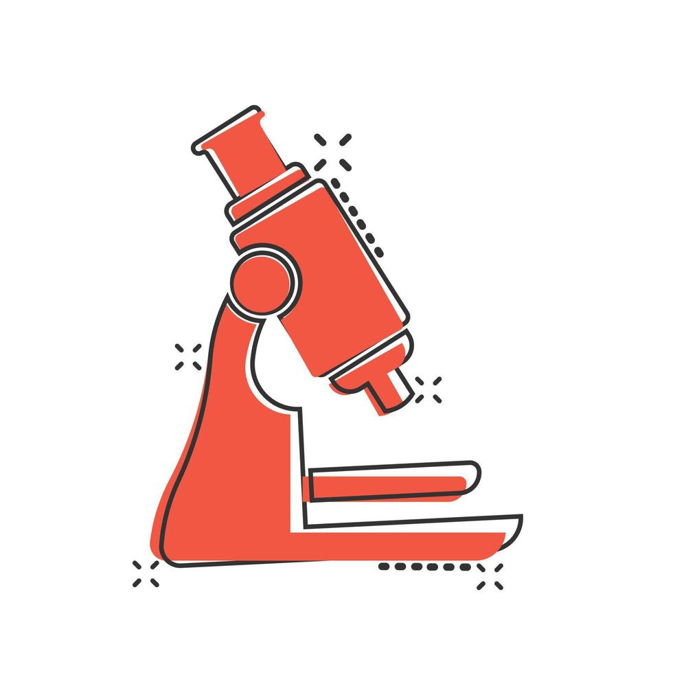 Microscope icon in comic style. Laboratory magnifier cartoon vector illustration on isolated background. Biology instrument splash effect sign business concept.
