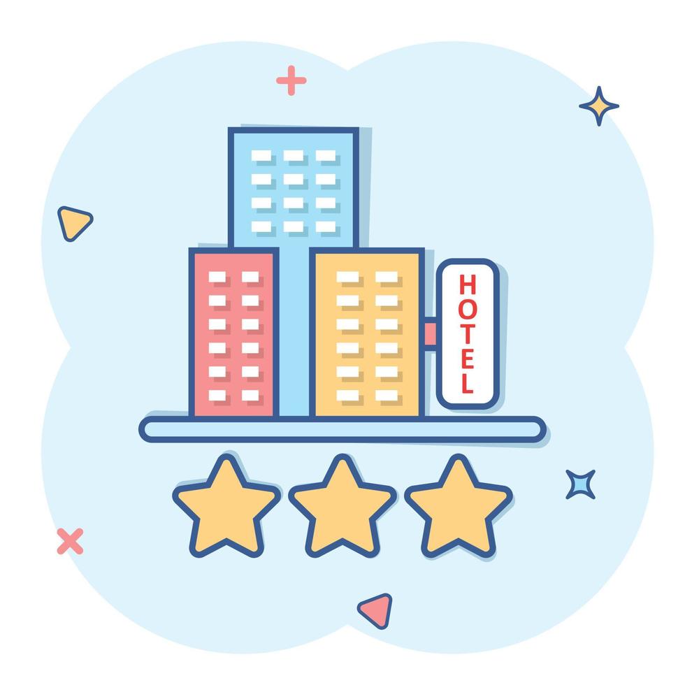Hotel 3 stars sign icon in comic style. Inn building cartoon vector illustration on white isolated background. Hostel room splash effect business concept.