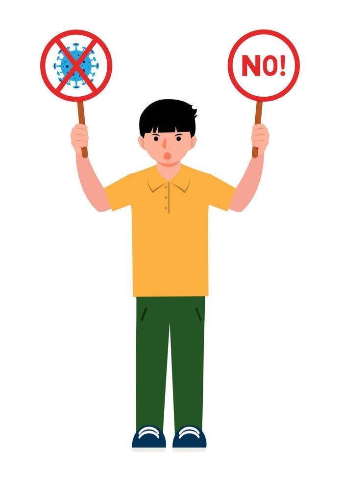 Boy holding a stop signs with stop covid on white background vector