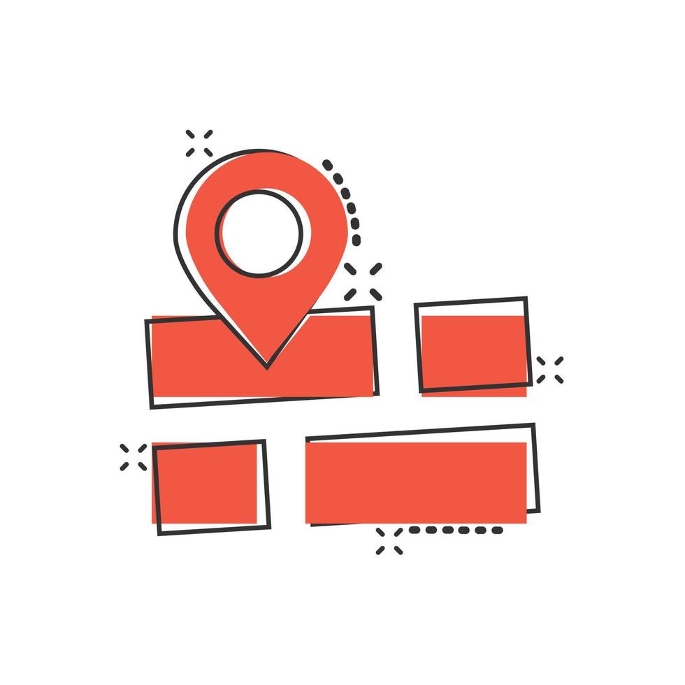 Map pin icon in comic style. gps navigation cartoon vector illustration on white isolated background. Locate position splash effect business concept.