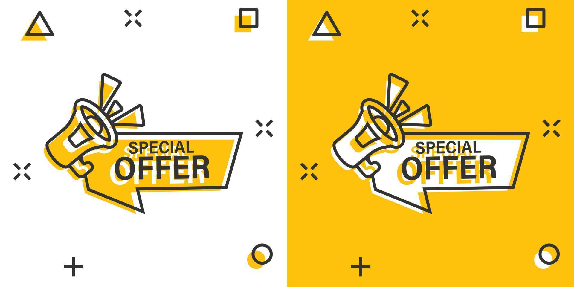 Special offer label icon in comic style. Megaphone with discount cartoon vector illustration on isolated background. Sale splash effect sign business concept.