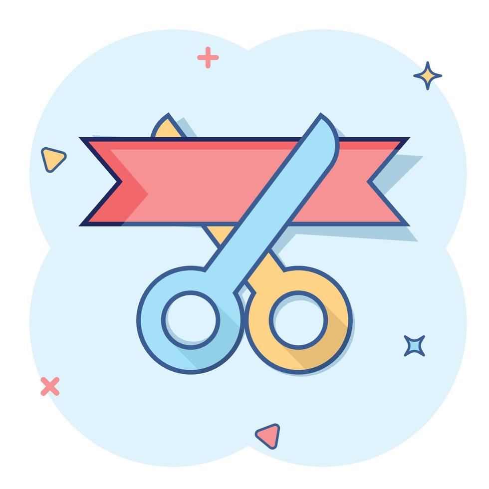 Scissors icon in comic style. Cutting ribbon vector cartoon illustration on white isolated background. Ceremonial business concept splash effect.