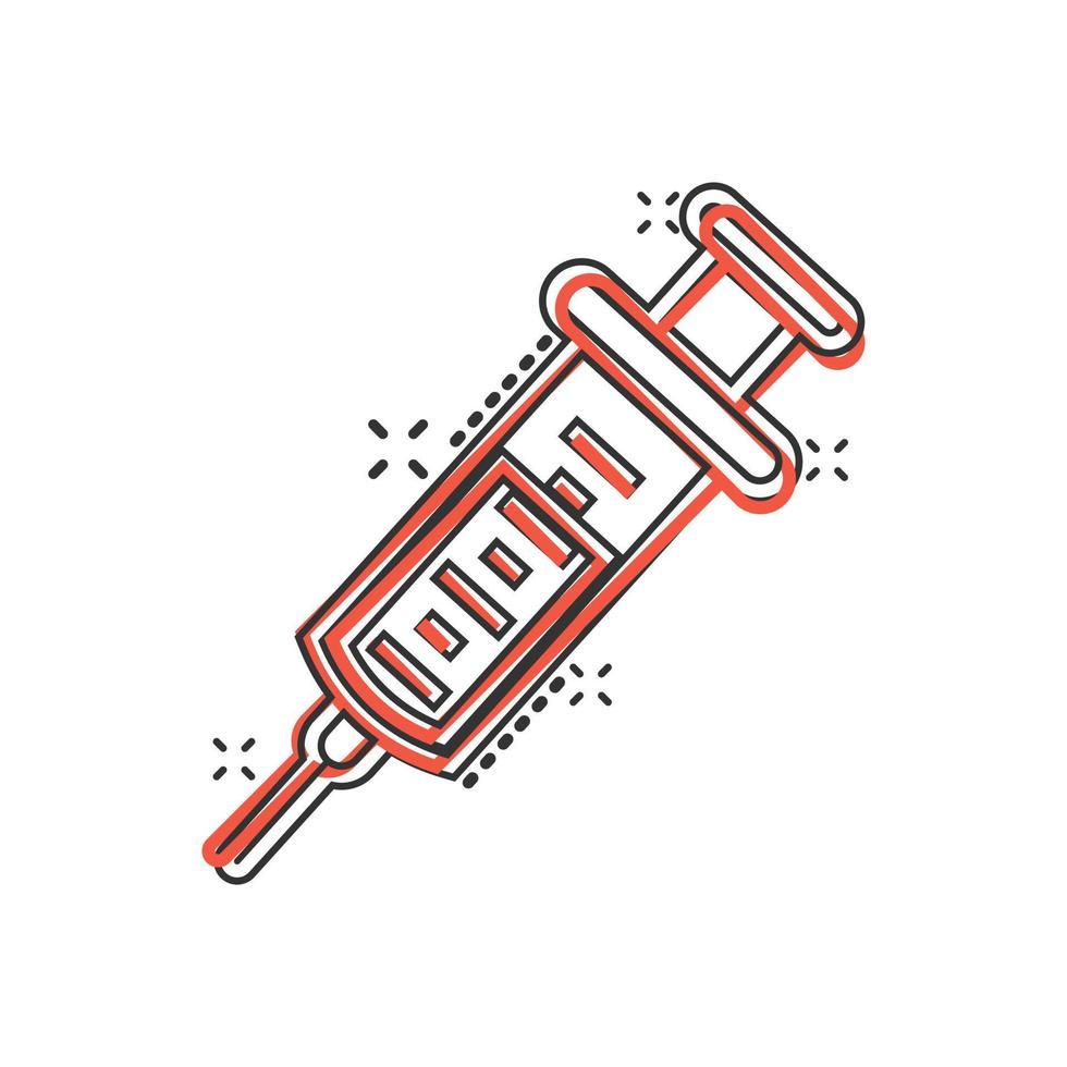 Syringe icon in comic style. Coronavirus vaccine inject cartoon vector illustration on isolated background. Covid-19 vaccination splash effect sign business concept.